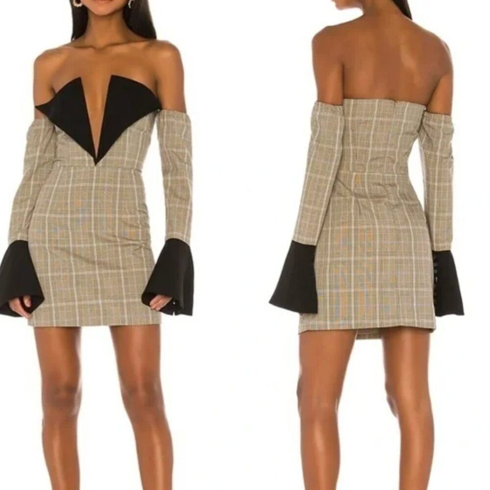 Atoir Sharp Edges Tan Black Long Sleeve V-neck Mini Dress S (6)